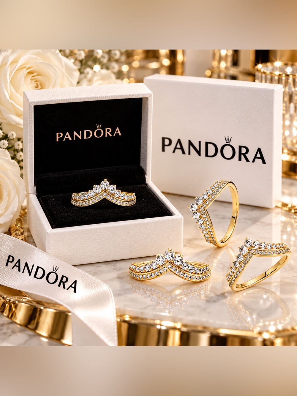 Like New Pandora Gold V-Shaped Wishbone Tiara Ring